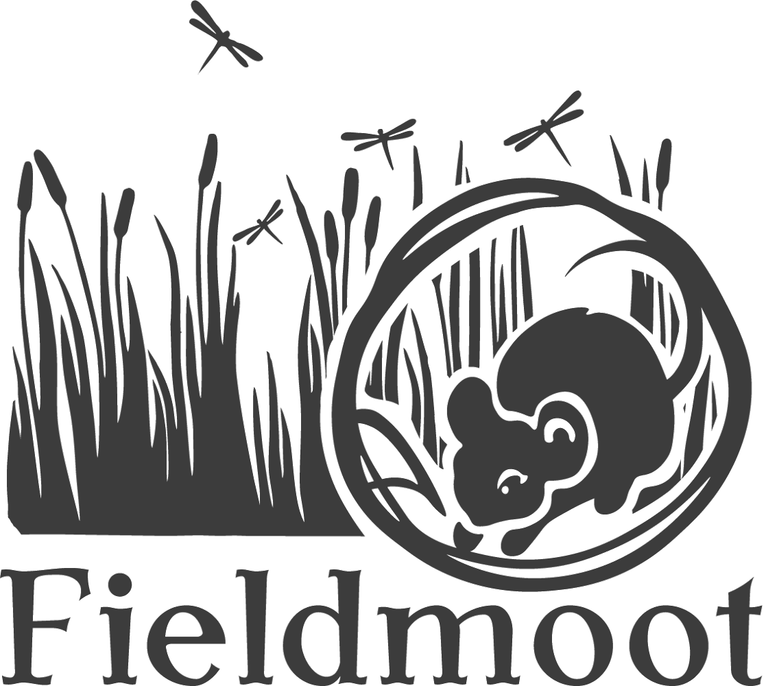 A field mouse runs through tall grass as dragonflies fly up. The text below reads 'Fieldmoot'.